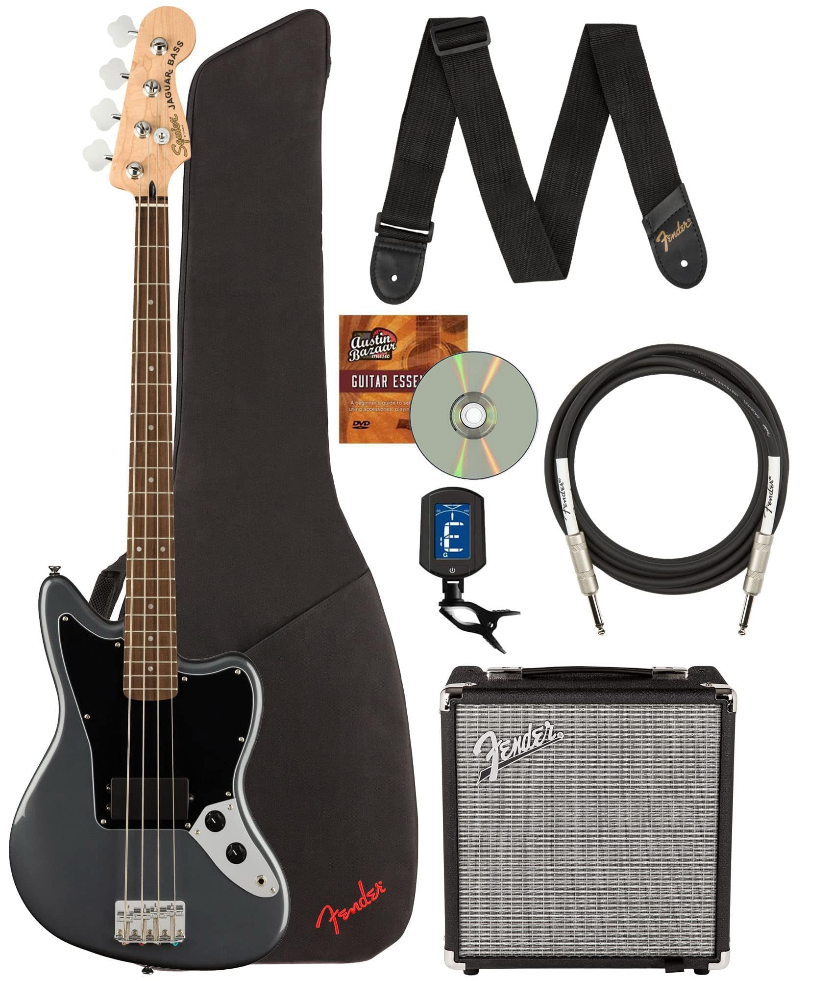 Fender Squier Affinity Jaguar Bass H - Charcoal Frost Metallic Bundle with Rumble 15 Amplifier, Instrument Cable, Gig Bag, Tuner, Strap, and Austin Bazaar Instructional DVD