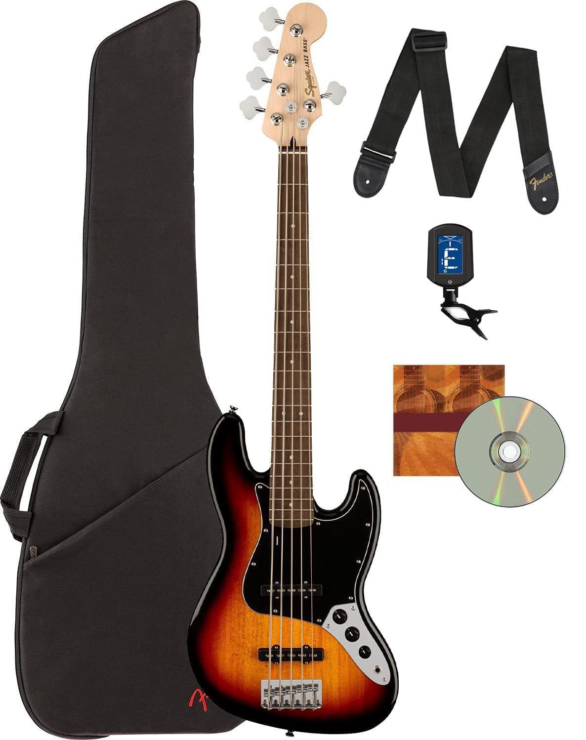 Fender Squier Affinity Jazz Bass V Bundle with Gig Bag, Tuner, Strap, and Austin Bazaar Instructional DVD - 3 Color Sunburst