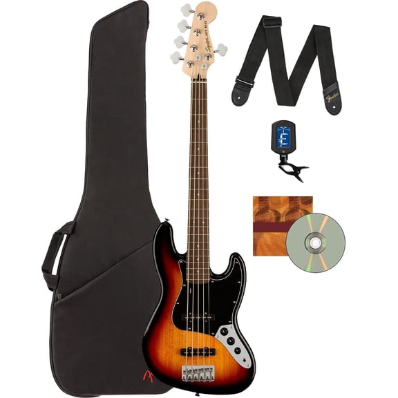 Fender Squier Affinity Jazz Bass V Bundle with Gig Bag, Tuner, Strap, and Austin Bazaar Instructional DVD - 3 Color Sunburst