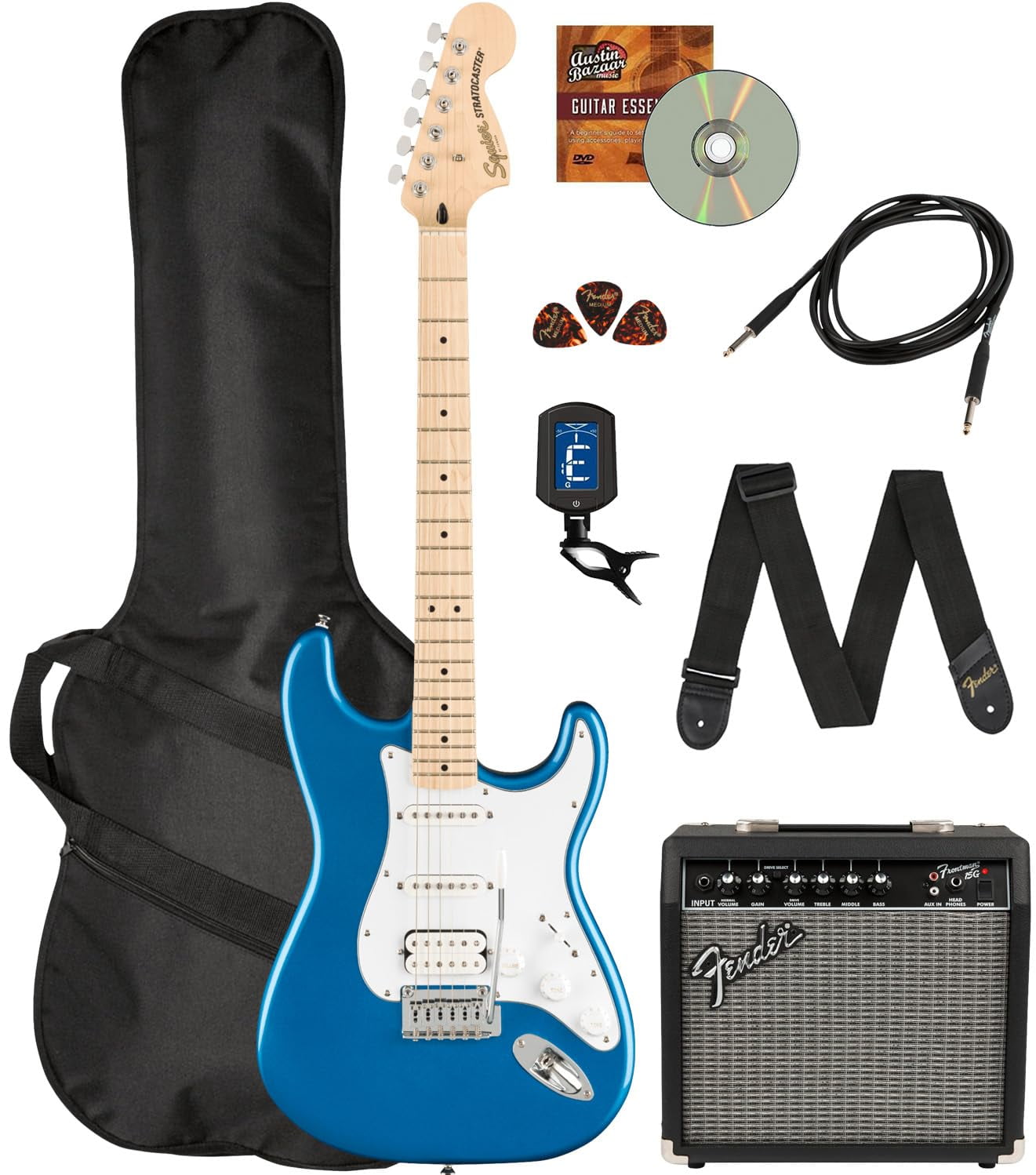 Fender Squier Affinity Stratocaster HSS - Lake Placid Blue Bundle with Frontman 15G Amplifier, Gig Bag, Tuner, Instrument Cable, Strap, Picks, and Austin Bazaar Instructional DVD