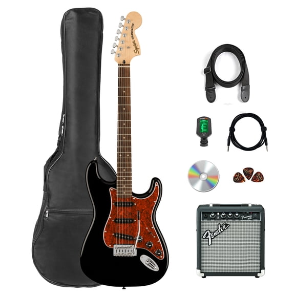 Fender Squier Affinity Stratocaster - Black Limited Edition Tortoise Shell Pickguard w/ Frontman 10G Amplifier
