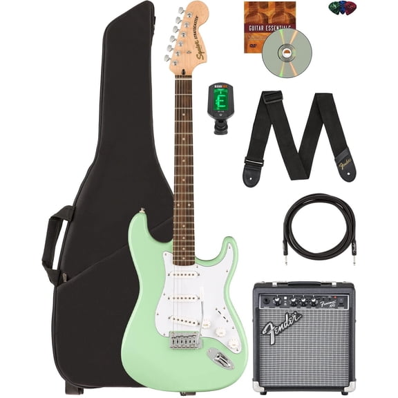 Fender Squier Affinity Stratocaster Limited Edition - Surf Green Bundle with Frontman 10G Amplifier, Gig Bag, Instrument Cable, Strap, Picks, and Austin Bazaar Instructional DVD