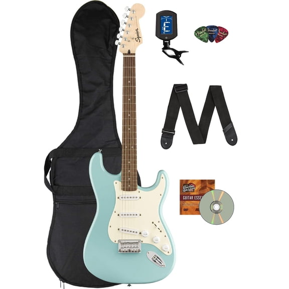 Fender Squier Bullet Stratocaster Hard Tail - Tropical Turquoise Bundle with Gig Bag, Tuner, Strap, Picks, and Austin Bazaar Instructional DVD