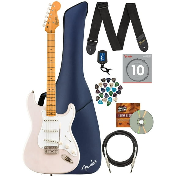 Fender Squier Classic Vibe '50s Stratocaster - White Bundle with Gig Bag, Instrument Cable, Tuner, Strap, Strings, Picks, Fender Play Online Lessons, and Austin Bazaar Instructional DVD