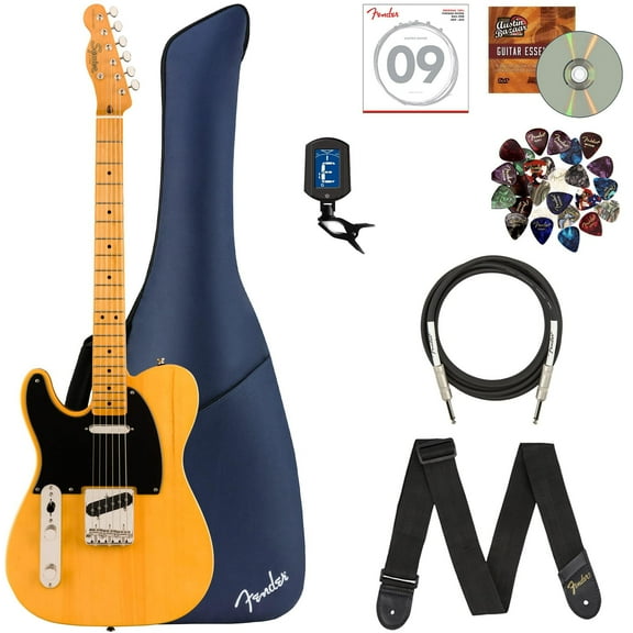 Fender Squier Classic Vibe '50s Telecaster, Left Handed - Butterscotch Blonde Bundle with Gig Bag, Instrument Cable, Tuner, Strap, Strings, Picks, and Austin Bazaar Instructional DVD