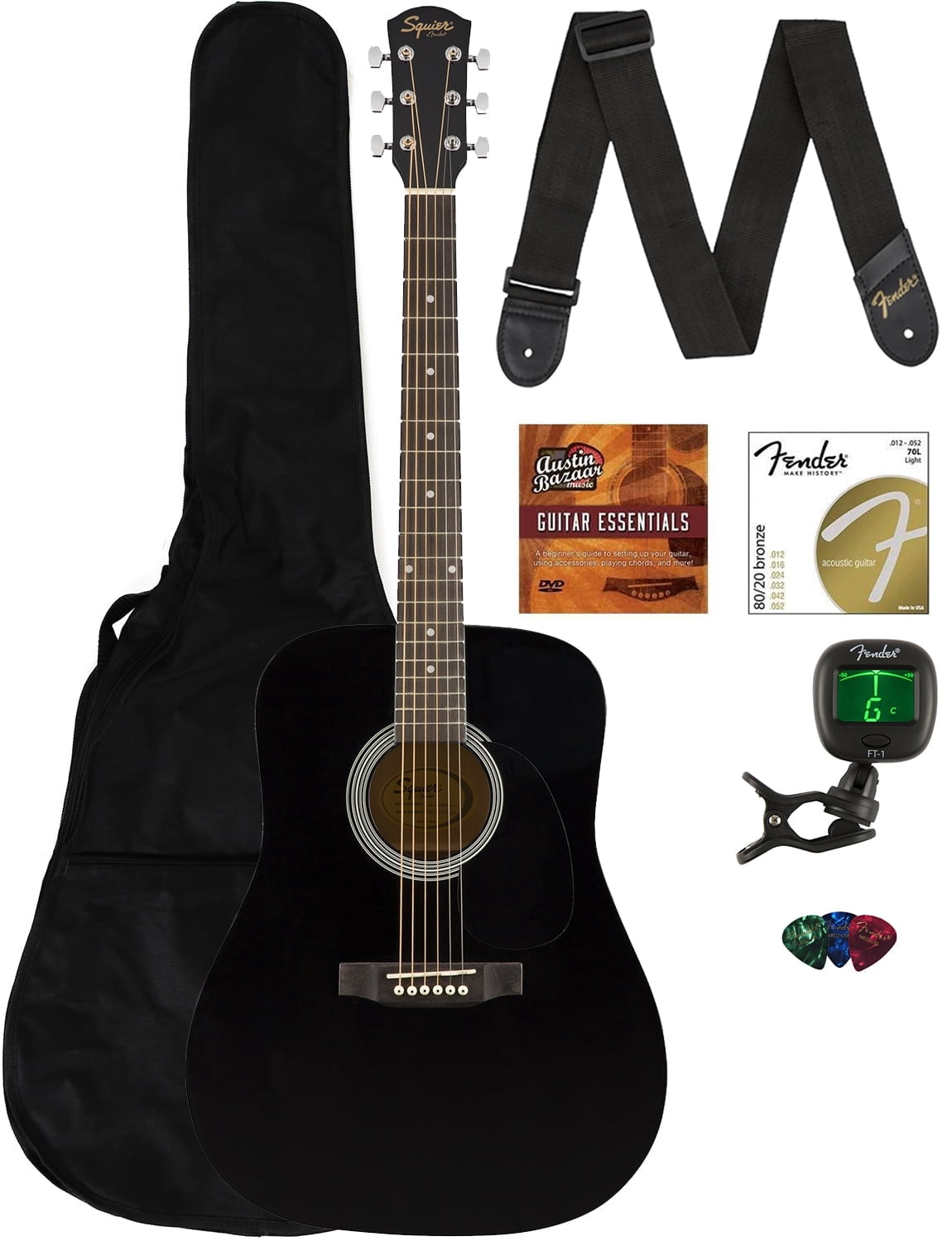 Fender Squier Dreadnought Acoustic Guitar with Gig Bag, Tuner, Strap, Strings, Picks, Instructional Book, DVD and Austin Bazaar, Black