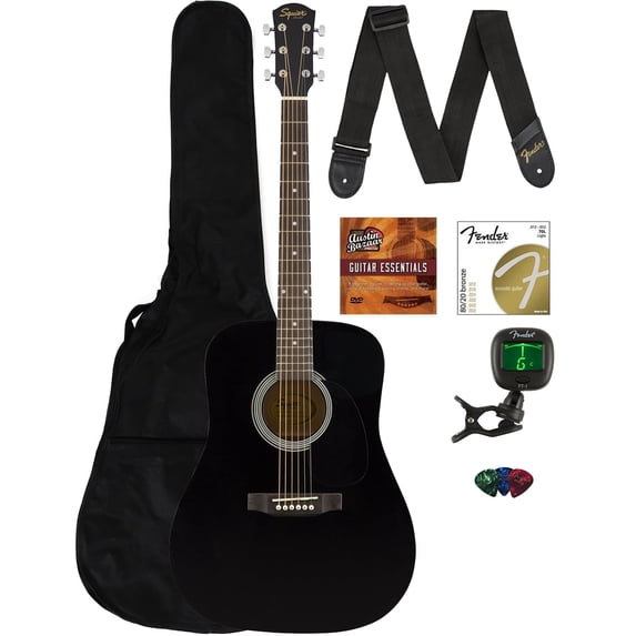 Fender Squier Dreadnought Acoustic Guitar with Gig Bag, Tuner, Strap, Strings, Picks, Instructional Book, DVD and Austin Bazaar, Black