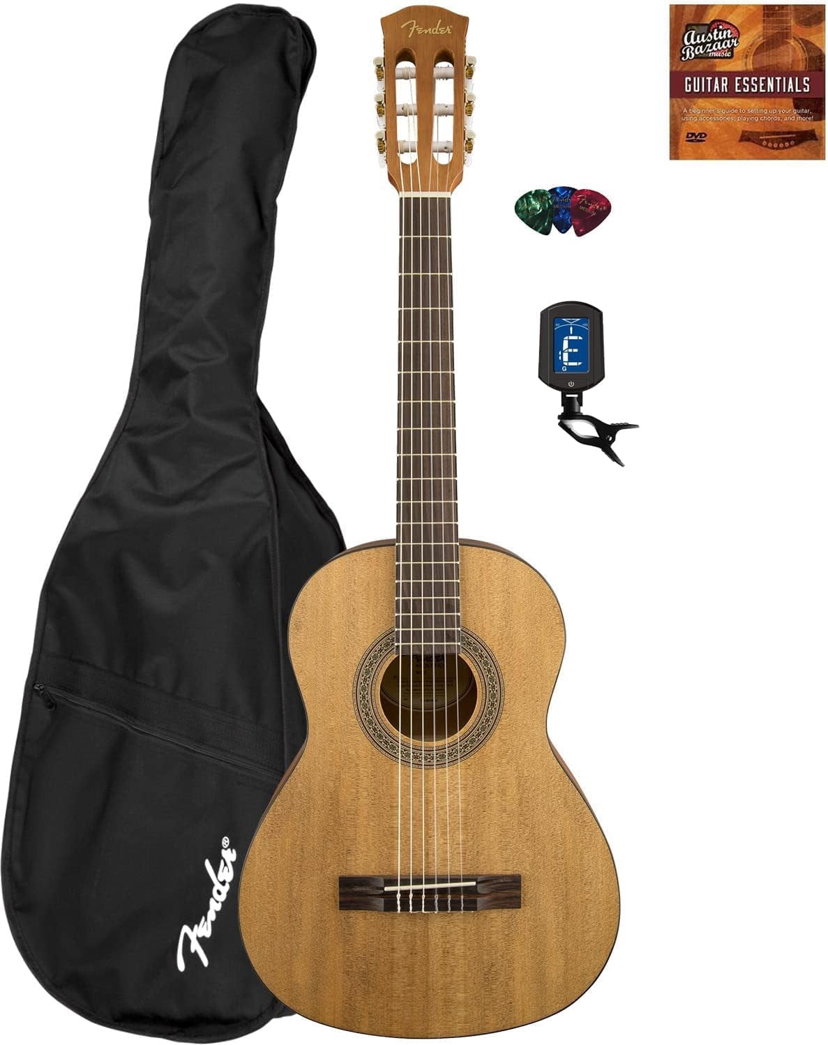 Fender FA-15N 3/4-Size Kids Classical Guitar - Natural Learn-to-Play Bundle with Gig Bag, Tuner, and Austin Bazaar Instructional DVD