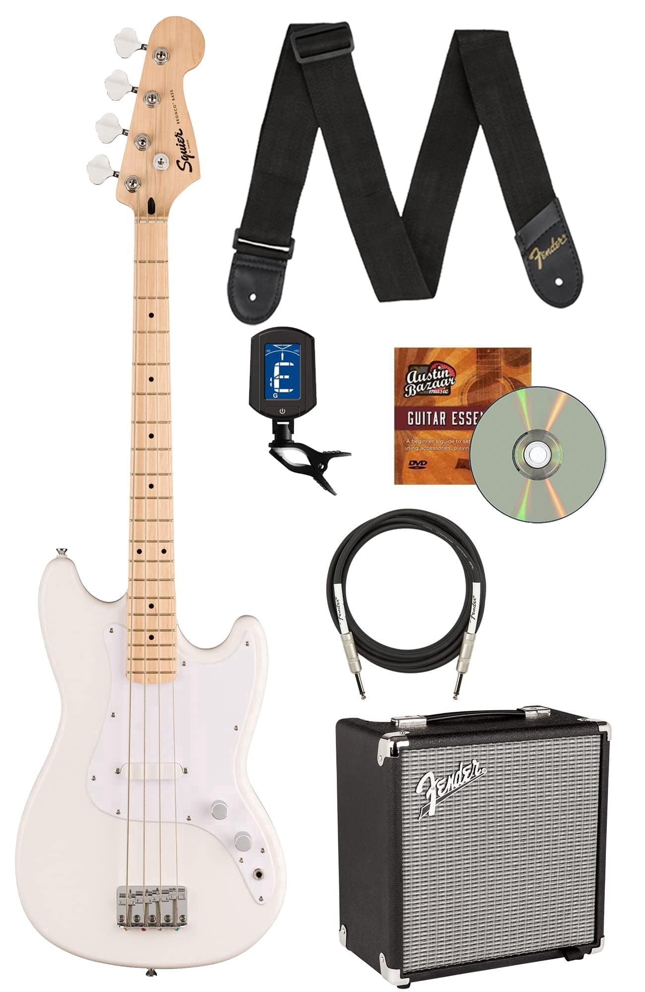Fender Squier Sonic Bronco Bass Guitar - Arctic White Bundle with Rumble 15 Bass Amplifier, Cable, Tuner, Strap, and Austin Bazaar Instructional DVD