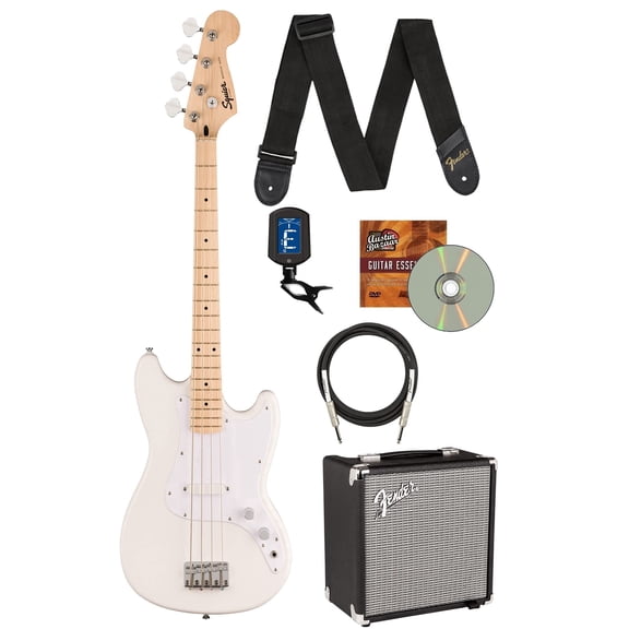 Fender Squier Sonic Bronco Bass Guitar - Arctic White Bundle with Rumble 15 Bass Amplifier, Cable, Tuner, Strap, and Austin Bazaar Instructional DVD