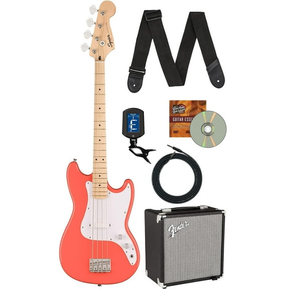 Fender Squier Sonic Bronco Bass - Tahitian Coral w/ Rumble 15 Amplifier