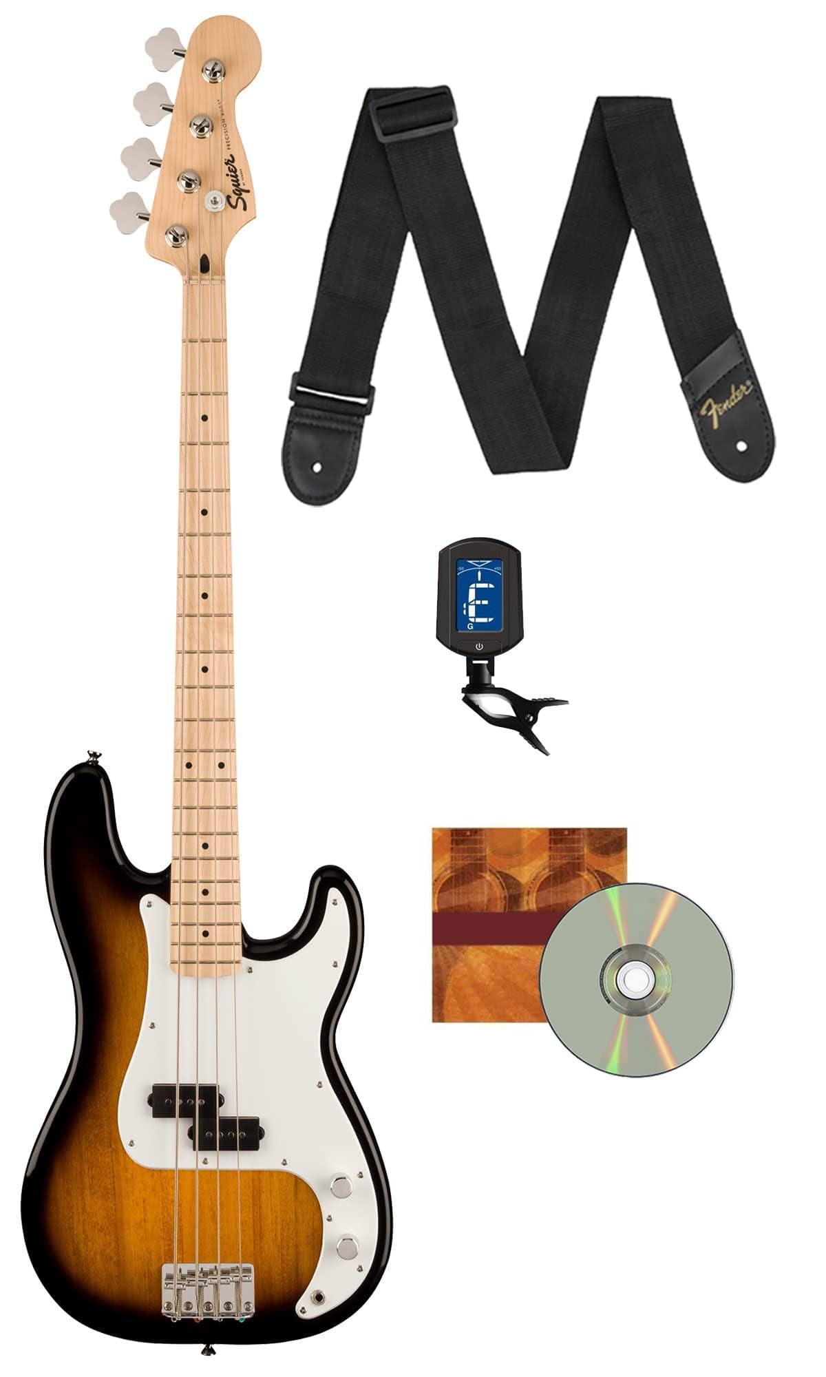 Fender Squier Sonic Precision Bass Guitar, Maple Fingerboard - 2 Color Sunburst Bundle with Tuner, Strap, and Austin Bazaar Instructional DVD