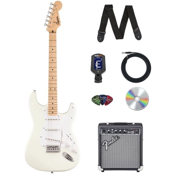 Fender Squier Sonic Stratocaster - Arctic White Bundle with Amplifier, Instrument Cable, Tuner, Strap, Picks, and Austin Bazaar Instructional Video