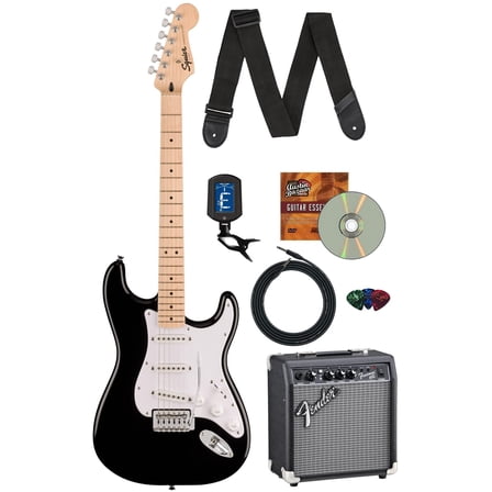 Fender Squier Sonic Stratocaster - Black Bundle with Amp, Cable, Tuner, Strap, Picks, and Austin Bazaar Guitar DVD
