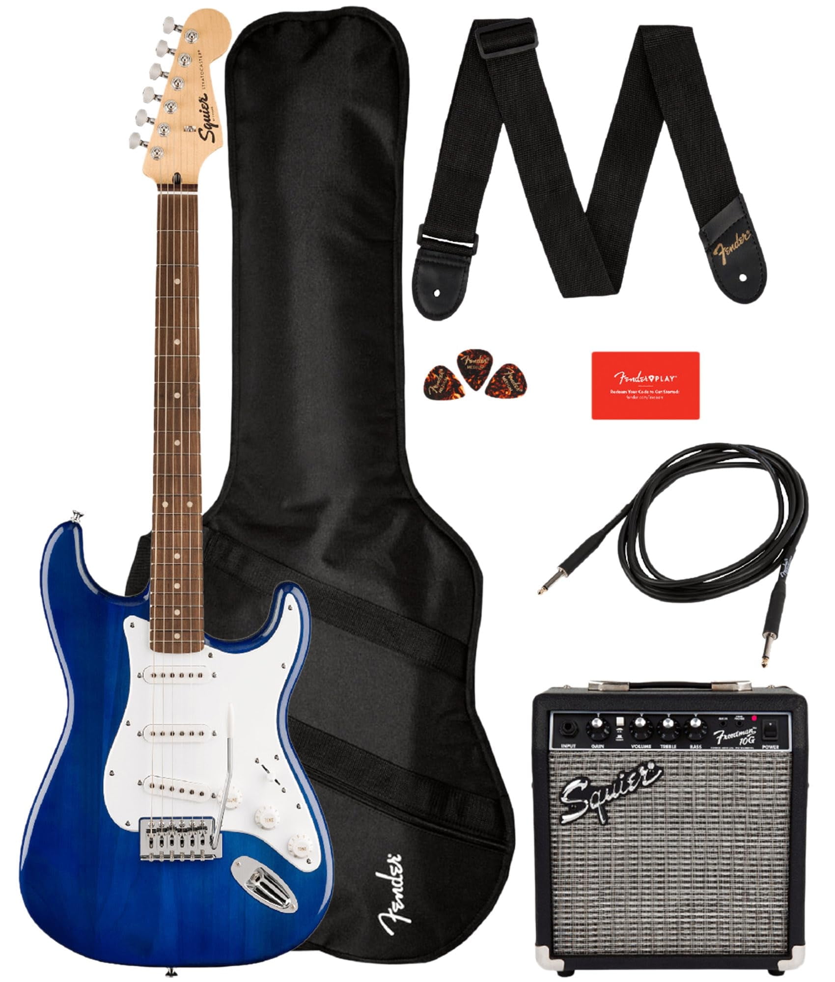 Fender Squier Sonic Stratocaster Pack - Sapphire Blue Transparent Bundle with Frontman 10G Amp, Gig Bag, Instrument Cable, Strap, and Picks