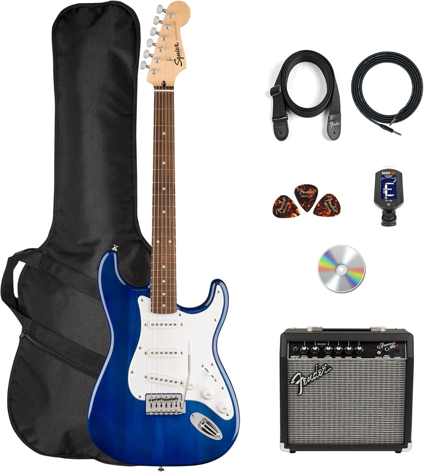 Fender Squier Sonic Stratocaster Pack - Sapphire Blue Transparent Bundle with Frontman 10G Amp, Gig Bag, Instrument Cable, Strap, and Picks