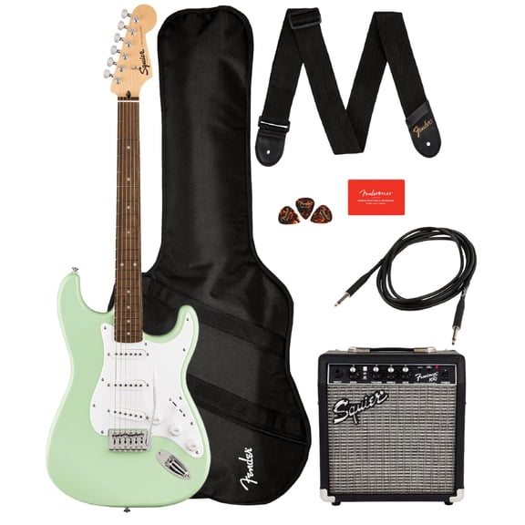 Fender Squier Sonic Stratocaster Pack - Surf Green Bundle with Frontman 10G Amp, Gig Bag, Instrument Cable, Strap, Picks, and 3-Month Fender Play