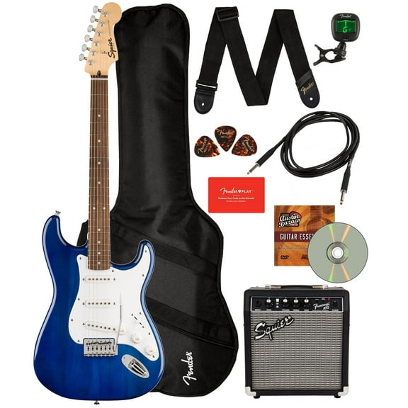 Fender Squier Sonic Stratocaster - Sapphire Blue Transparent Bundle with Frontman 10g Amp, Gig Bag, Cable, Strap, Tuner, Fender Play, Picks, Austin Bazaar Guitar DVD