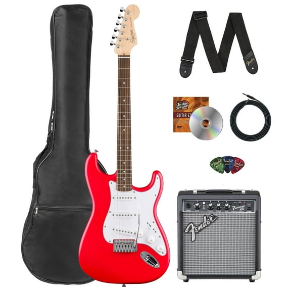 Fender Squier Stratocaster - Torino Red Bundle with Frontman 10G Amplifier, Gig Bag, Strap, Instrument Cable, Picks, and Austin Bazaar Instructional DVD