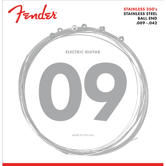 Fender Stainless 350's Guitar Strings, Stainless Steel, Ball End, 350L .009-.042