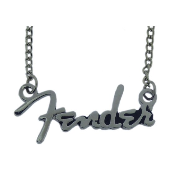 Fender Text Pendant Die Cut Necklace original Dog Tag Silver Chrome Metal Finished for Men Women Fender's Fans Pendant Size: 1.25" in Height.