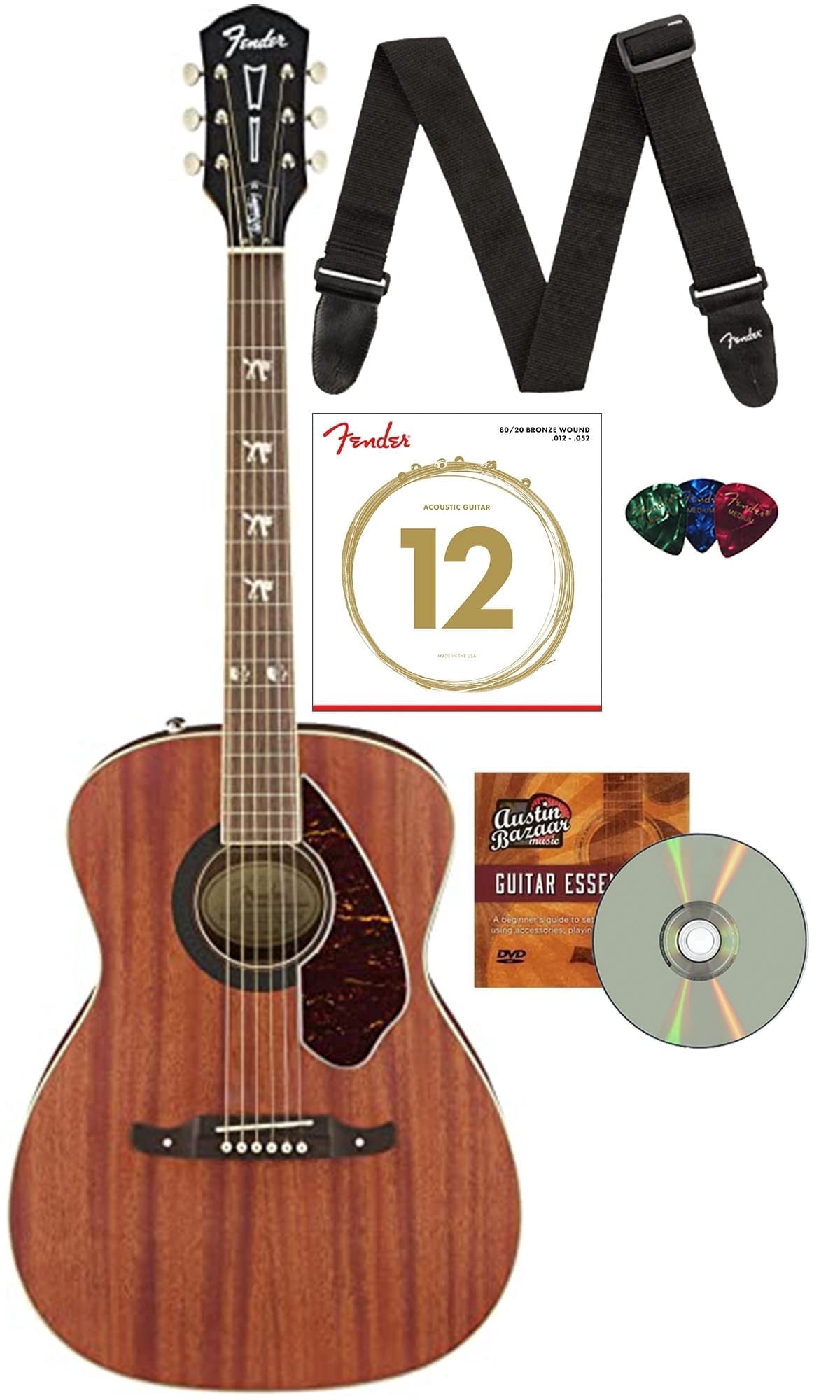Fender Tim Armstrong Hellcat Concert Acoustic-Electric Guitar - Natural Bundle with Strings, Strap, Picks, and Austin Bazaar Instructional DVD