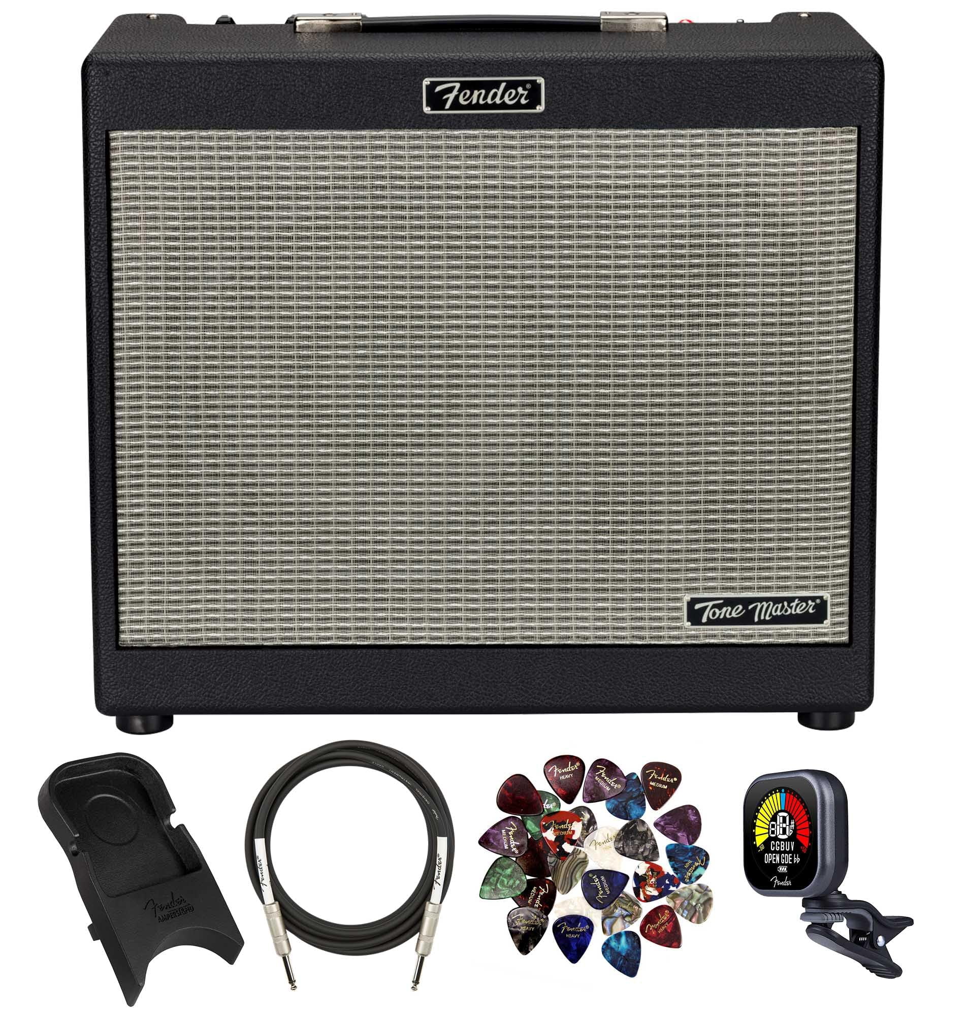 Fender Tone Master FR-10 1000-watt 1x10 Powered Guitar Cabinet Bundle with 10ft Instrument Cable, Amperstand Guitar Cradle, Tuner, and 24-Pack Fender Picks