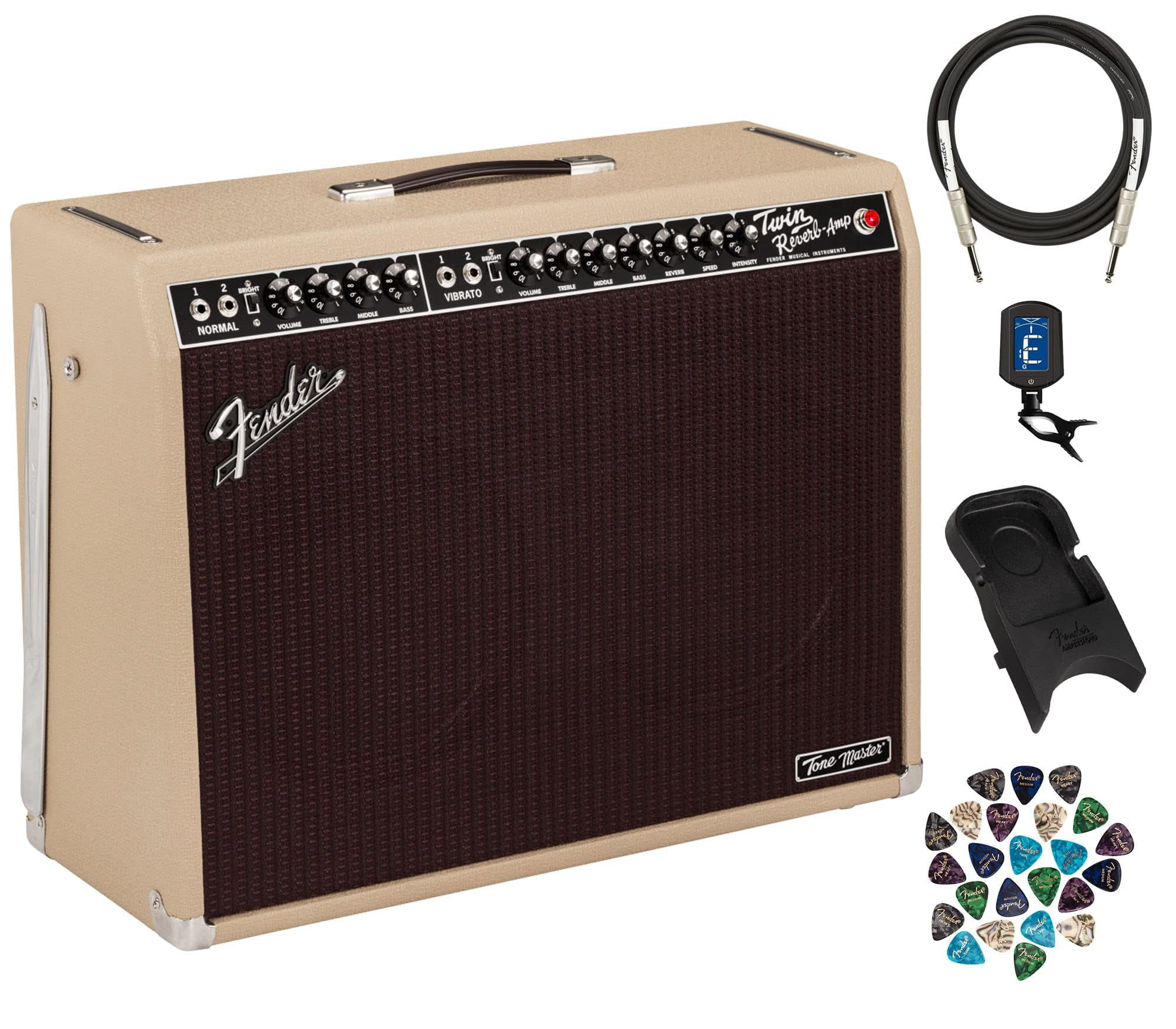 Fender Tone Master Twin Reverb 2x12-Inch 200-Watt Guitar Combo Amplifier Bundle with Instrument Cable, Amperstand Guitar Cradle, Tuner, and 24-Pack Picks