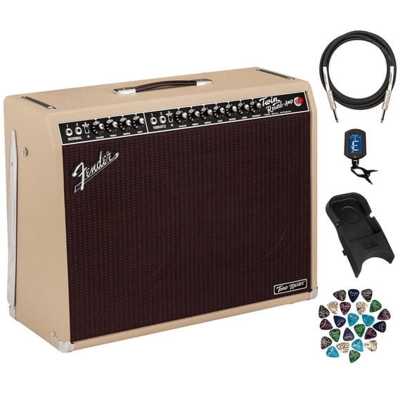 Fender Tone Master Twin Reverb 2x12-Inch 200-Watt Guitar Combo Amplifier Bundle with Instrument Cable, Amperstand Guitar Cradle, Tuner, and 24-Pack Picks