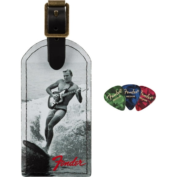 Fender Vintage Surfer Ad Luggage Tag Bundle with 3 Pack Fender Picks