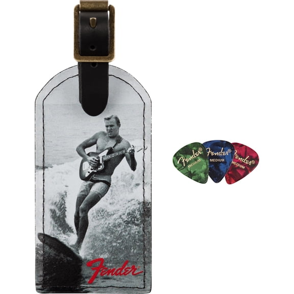 Fender Vintage Surfer Ad Luggage Tag Bundle with 3 Pack Fender Picks