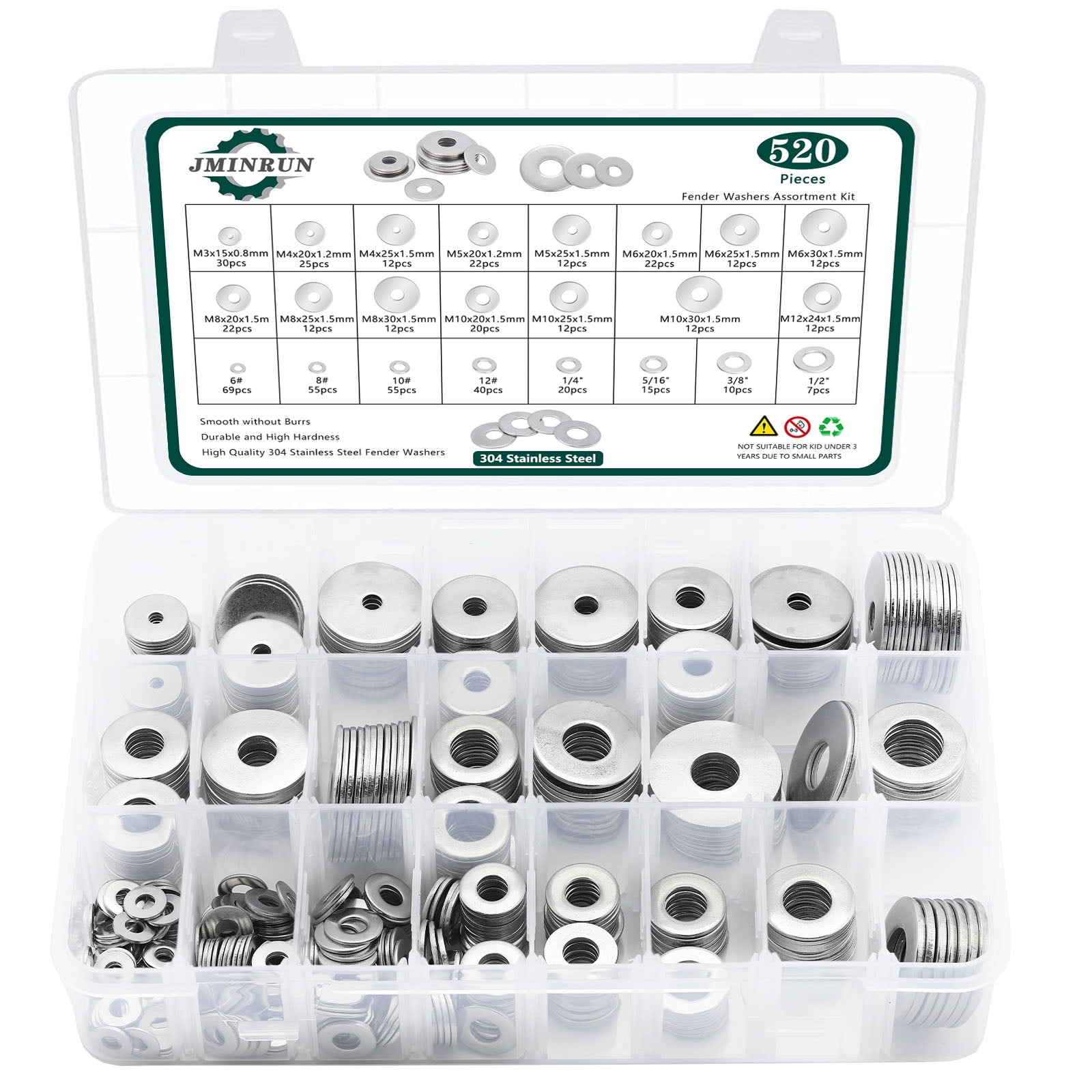 Fender Washers, 520 Pcs SAE + Metric 23 Sizes Flat Washers Assortment ...