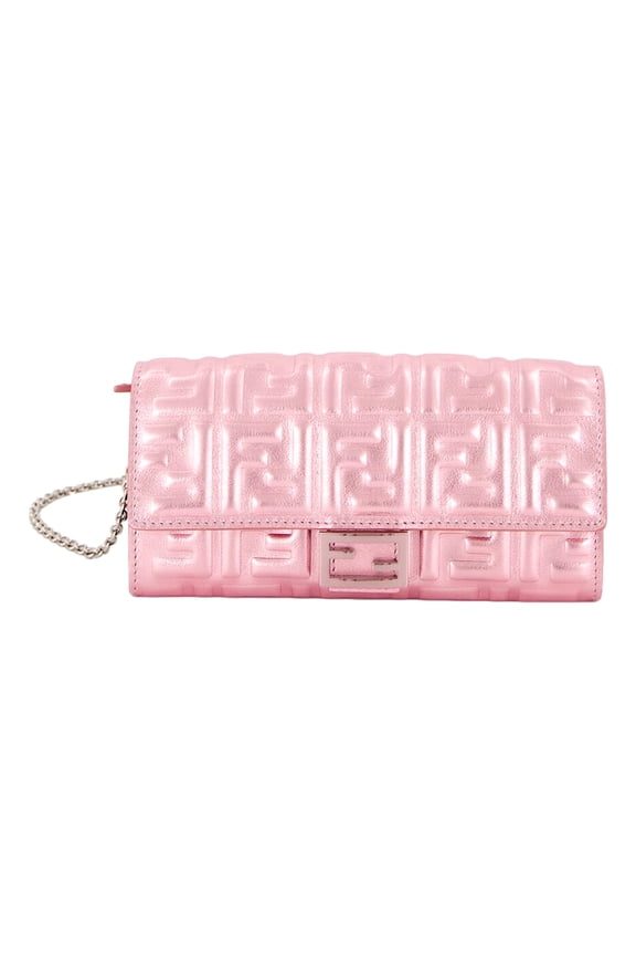 Baguette Wallet on Chain Metallic Pink FF Embossed Leather Crossbody Bag Detachable Chain Strap New