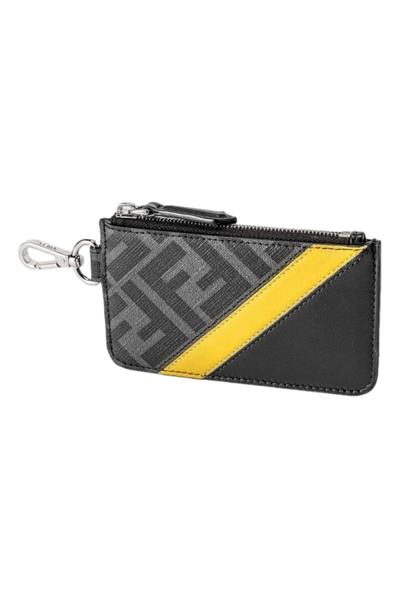 Diagonal Black Sunflower Yellow Calf Leather Coincase Keychain Wallet