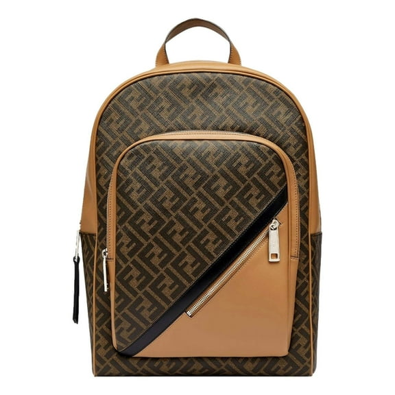 Fendi Diagonal FF Logo Men's Backpack Black Nylon Designer Travel Daypack with Leather Trim and Adjustable Straps