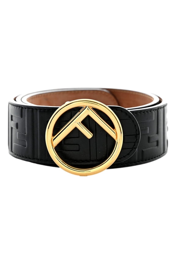F is Fendi FF Calfskin Leather Black Embossed Belt Size 75/30 Designer Womens Luxury Logo Waist Accessory