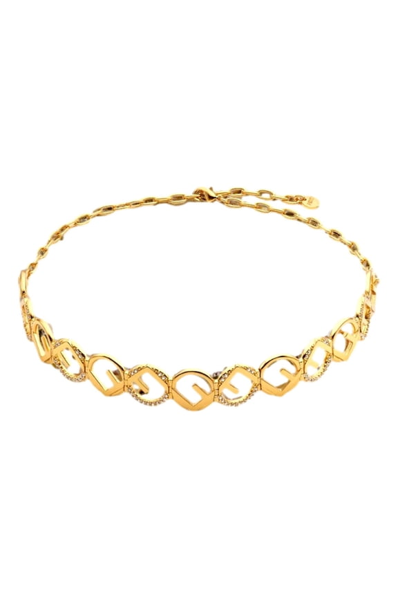 F is Fendi Logo Choker Necklace White Crystal Gold Metal Chain