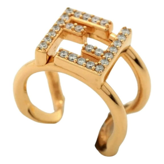 New Fendi FF Anello Gold and Crystal Embellished Ring Small