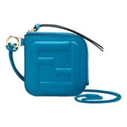Fendi FF Cube Embossed Small Zip Wallet Mare Blue Leather with Strap NEW
