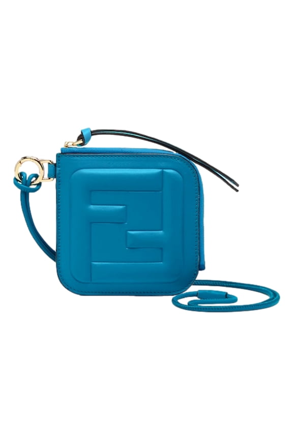 FF Cube Embossed Small Zip Wallet Mare Blue Leather with Strap NEW