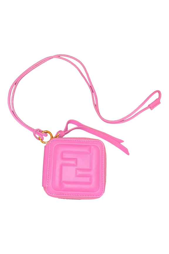 FF Cube Embossed Small Zip Wallet Pink Leather with Strap NEW