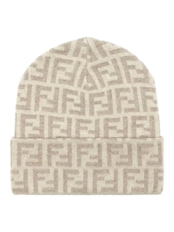 FF Logo Knit Beanie Hat Beige Cream Wool Blend Monogram Designer Cap New