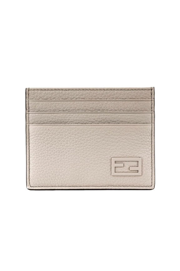 FF Logo Light Gray and Blue Pebbled Calf Leather Card Case Wallet