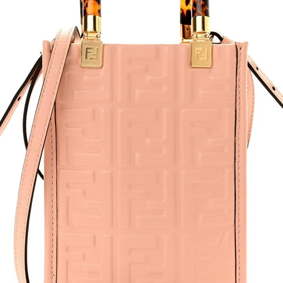 New Fendi Womens FF Zucca Leather Mini Sunshine Shopper Tote Crossbody Bag Baby Pink