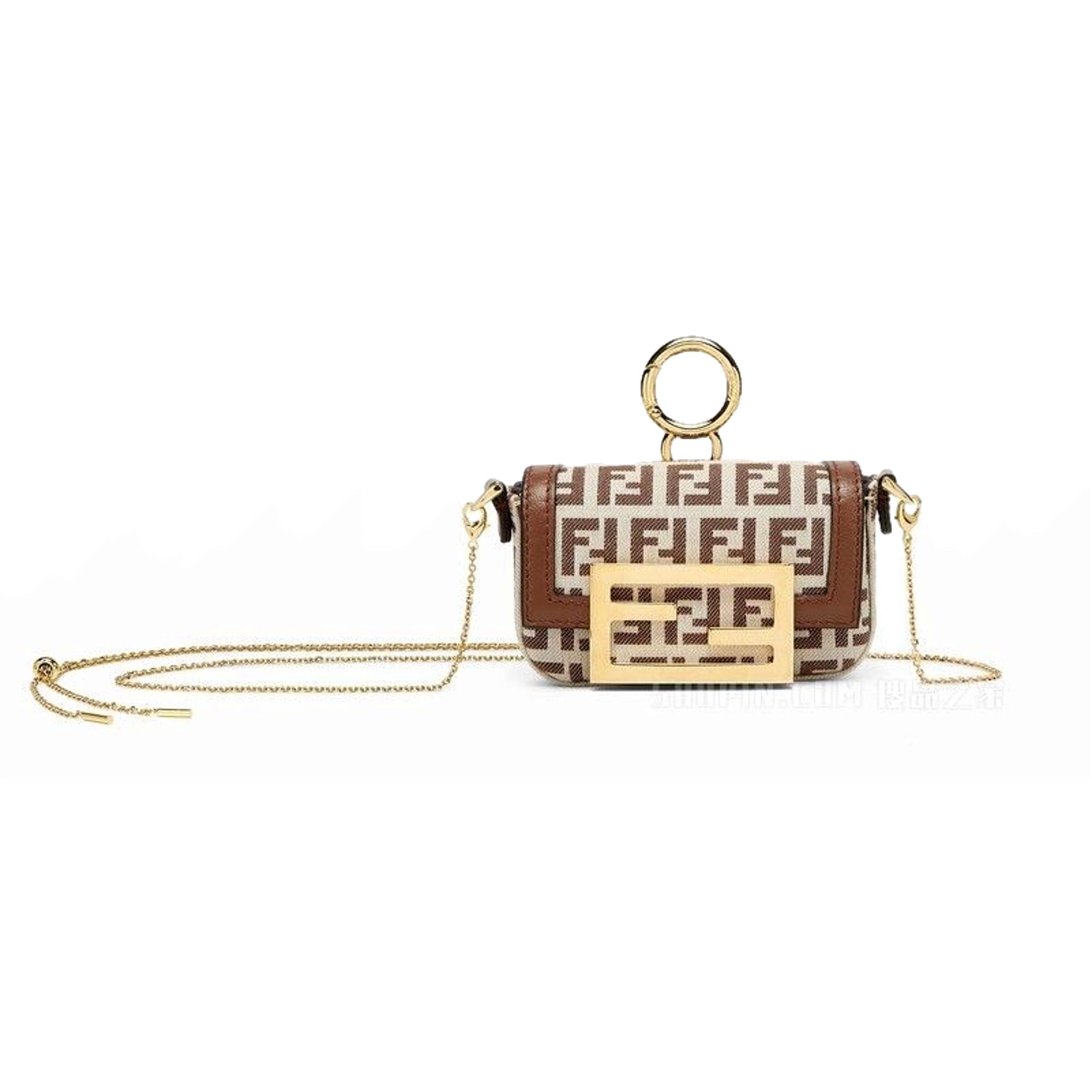 Fendi Nano Baguette Charm Crossbody Bag FF Canvas Brown White