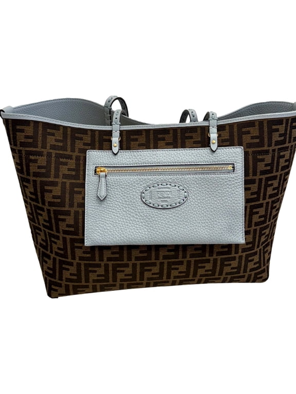 Reversible FF Canvas and Leather Tote Bag, Light Blue and Brown New
