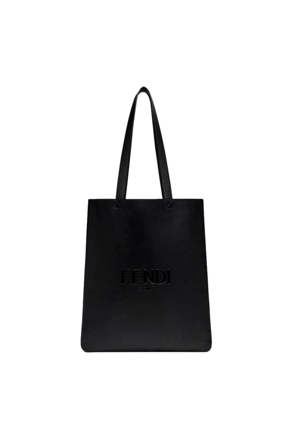 Roma Embossed Logo Black Calf Leather Large Shopping Tote Bag