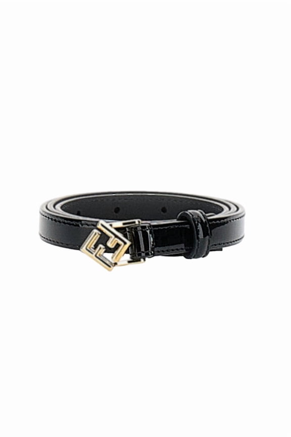 Women's Narrow Patent Leather Belt With Geometric Buckle Black