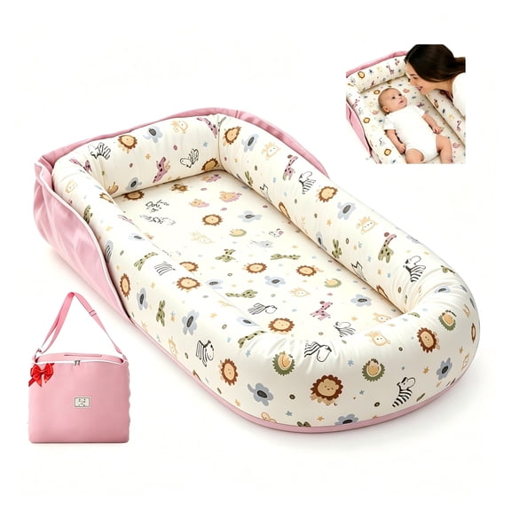 Fenfiny Baby Lounger for Newborns & Infants 0-24 Months5, 100% Cotton Breathable Tummy Time Play Mat, CPC Certified Baby Shower Gift (Animal World Pink)