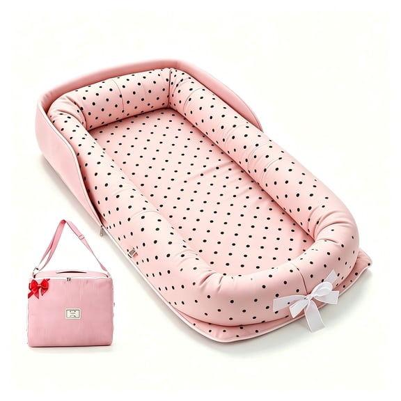 Fenfiny Baby Lounger for Newborns & Infants 0-24 Months5, 100% Cotton Breathable Tummy Time Play Mat, CPC Certified Baby Shower Gift (Pink Polka Dots)